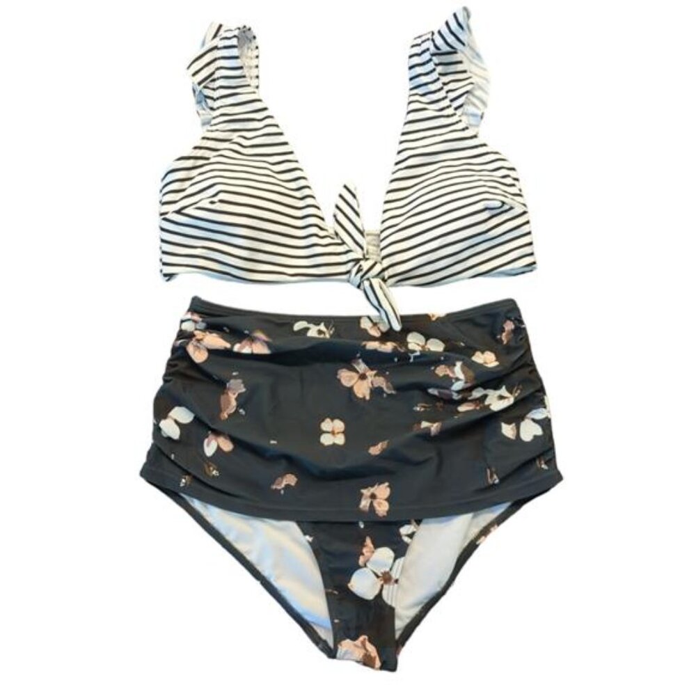NEW Cocoship Ruched Ruffle High Waist 2 Piece Bikini Set Tie Front Top Womens 12